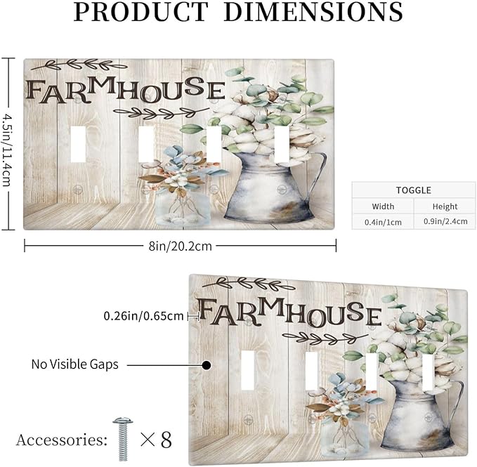 Decorative Switch Plate Covers Farmhouse Floral Cotton 4 Gang Device Light Switch Cover Rustic Country Flower Quad Toggle Wall Plate Electrical Faceplate for Country Bathroom Bedroom Decor