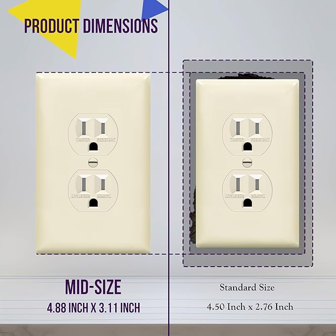 ENERLITES Duplex Receptacle Outlet Wall Plate, Midway Size 1-Gang 4.88" x 3.11", Unbreakable Polycarbonate Thermoplastic, 8821M-LA, Light Almond