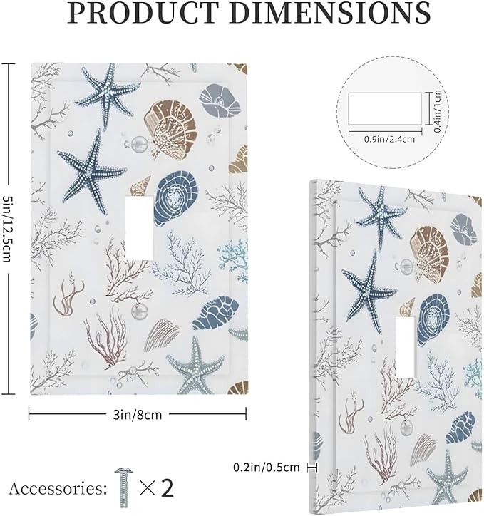 Ocean Starfish Seashells Nautical Coastal Sea Coral Decorative Light Switch Cover 1 Gang Single Toggle Device Electrical Faceplate Switchplates Decorator Outlet Wall Plate for Kids Room Nursery Decor