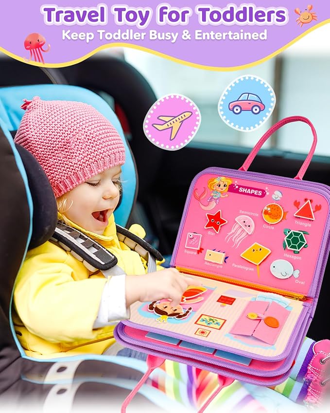SaFeli Toddler Busy Board, Montessori Toys for Toddler Girl Birthday Gifts, Learning Toys Sensory Busy Book Toys for Toddlers, Travel Educational Book for Airplane Car | Birthday Gift for Girls, Pink