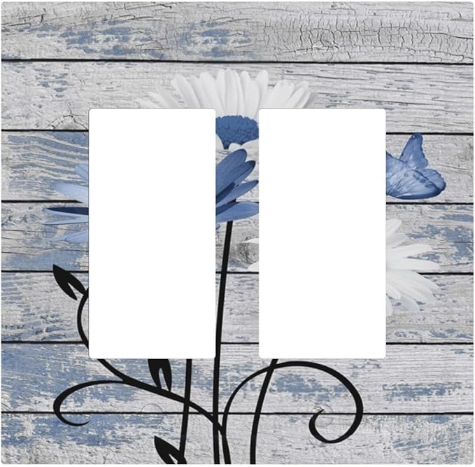 Blue White Daisy Flower Butterfly Rustic Wood Board Decorative Outlet Covers 2 Gang Double GFCI Rocker Electrical Wall Panels Light Switch Cover Plate for Farmhouse Bedroom Decor