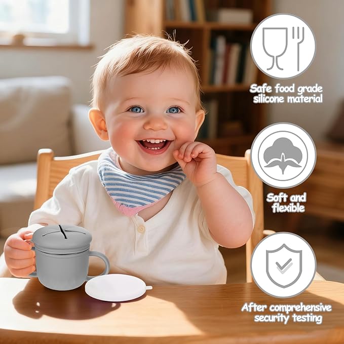 Toddler Snack Containers Stainless Steel Spill-Proof Snack Containers for Toddlers with Spill-Proof Silicone Lids and Handles 4-in-1 Baby Snack Cup is Dishwasher Safe for Easy use On The Go（Grey）