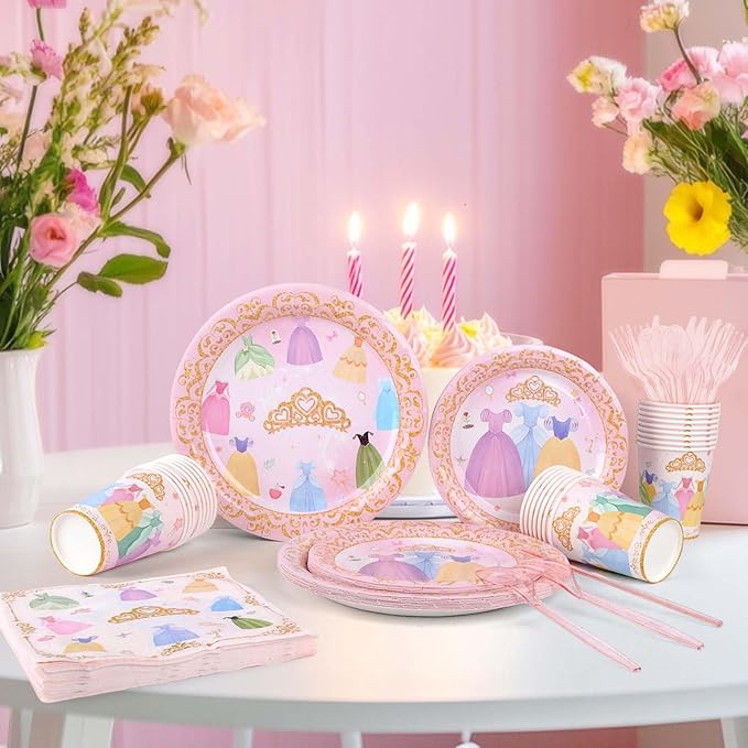 350PCS Princess Paper Plates Napkins, Princess Themed Birthday Party Decorations Pink Party Supplies Disposable Dinnerware Set Plate, Utensils, Cup, Napkin, Tableware Set, Serve 50 Guests