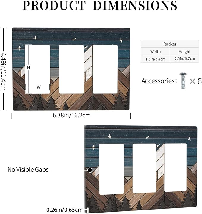 Rustic Geometric Mountain Wilderness Wood 3 Gang Wall Plate Triple Rocker Light Switch Cover Decorative Switch Plates Outlet Covers Electrical GFCI Faceplate for Bathroom Kitchen Art Decor Accessories