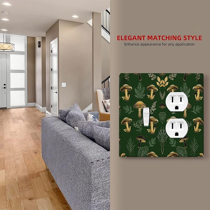 Decorative Outlet Covers Cute Gold Mushtroom Green Plant Leaf 2 Gang Light Switch Cover Plate Single Toggle Duplex Wall Plates for Electrical Outlets Switch Plate Covers for Home Decor