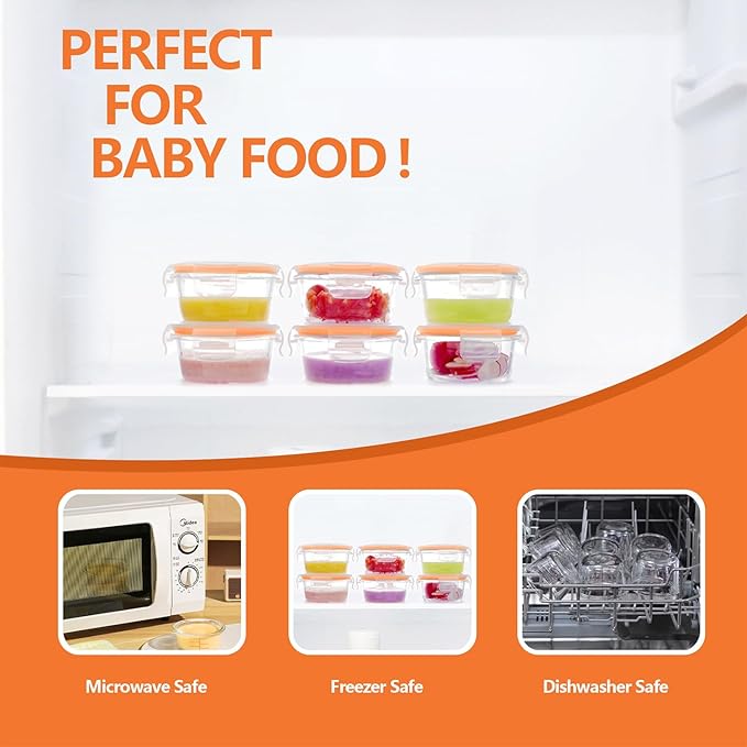 Luvan 7oz Glass Baby Food Containers, 12 Pack with Leakproof Lids, Stackable, Freezer Safe, Baby Bullet Containers for Fruit Purees and Vegetable Mashes