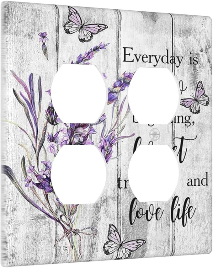 Decorative Outlet Covers Lavender Flower Purple Floral Butterfly on Plank Inspirational quotation 2 Gang Wall Plate Double Duplex Light Switch Cover Switch Plate Covers Faceplate