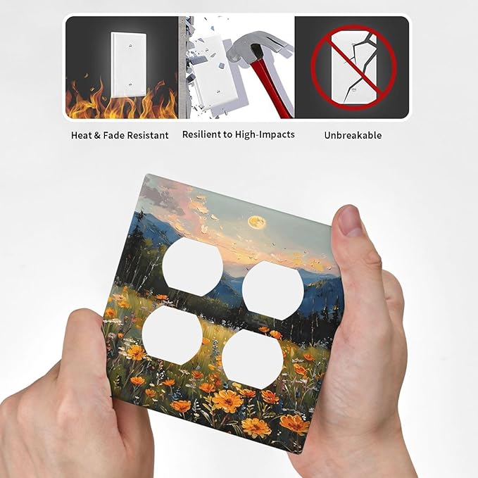 Sunset Wild Flower Field Floral Nature Landscape Outlet Covers 2 Gang Double Duplex Decorative Light Switch Covers Electrical Wallplates Socket Faceplate for Farmhouse Bedroom Decor
