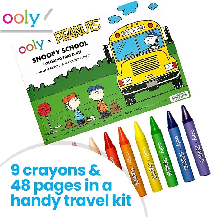 Ooly x Peanuts Travel Art Kit with 9 Jumbo Crayons & 48 Themed Coloring Pages & Case for Easy Traveling Art Creation, Perfect Airplane & Road Trip Activities for Kids