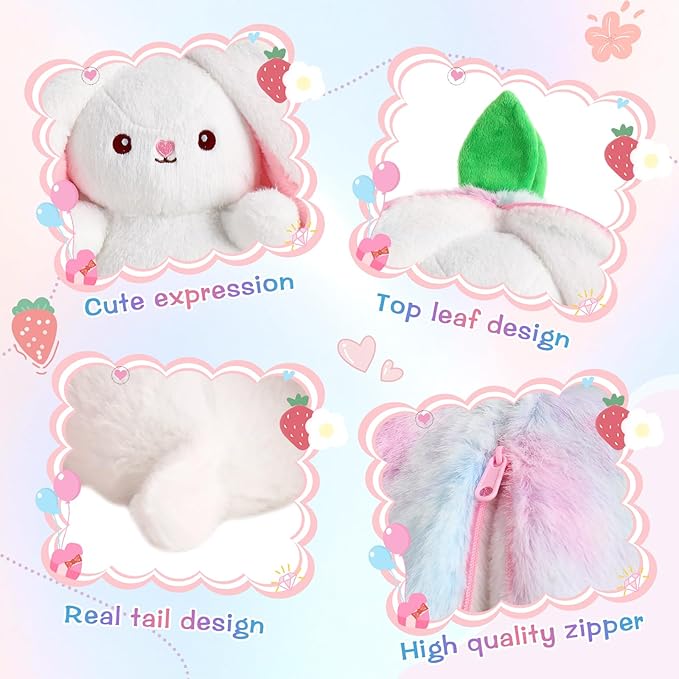 MIAODAM Strawberry Bunny Stuffed Animal, Cute Reversible Plush Strawberry to Rabbit Doll, Funny Bunny Toy for Babies and Children (7 Inch)