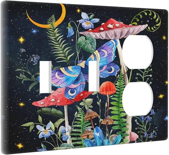 Hippie Mushroom Boho Starry Moon Night Stars Butterfly 3 Gang Combination 2 Toggle 1 Duplex Receptacle Light Switch Wall Plates and Outlet Cover Triple Device Combo Two Toggle One Receptacle Cover