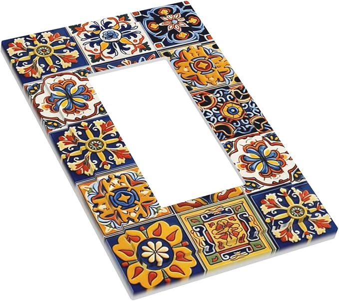 Mexican Talavera Tiles Flower Vintage Decorative Outlet Covers 1 Gang Single Rocker Light Switch Cover Plate Wall Plates GFCI Faceplate for Kitchen Bathroom Decor