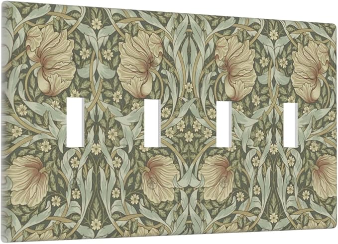William Morris Pimpernel Flowers Quad Toggle Light Switch Cover Vintage Floral Green Botanical 4 Gang Wall Plate Decorative Electrical Switchplates Covers for Country Bedroom Home Décor