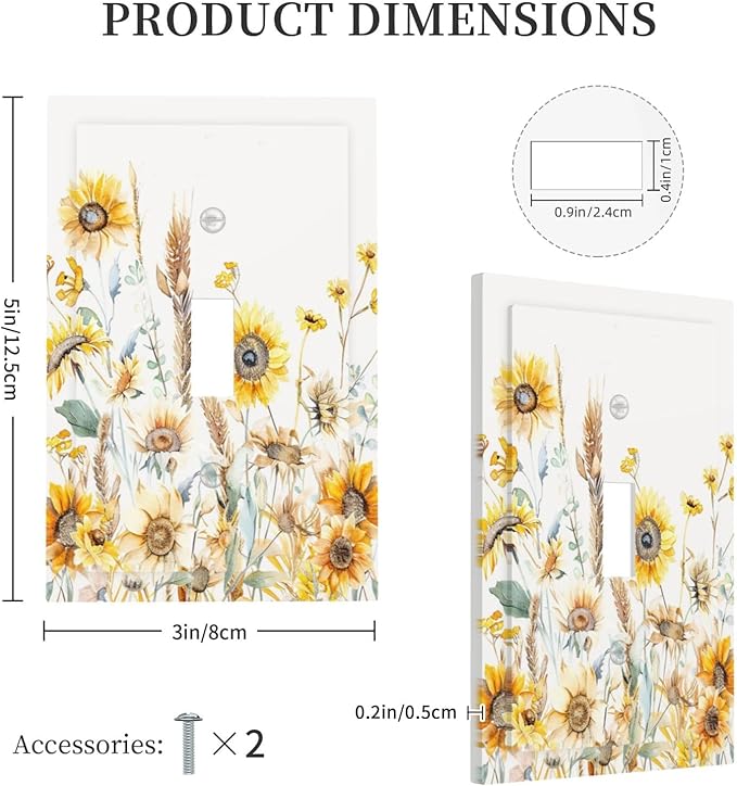 Yellow Floral Sunflowers Wheat Ears Watercolor Wild Flowers Decorative Light Switch Cover 1 Gang Single Toggle Device Electrical Faceplate Switchplates Decorator Outlet Wall Plate for Bedroom Home