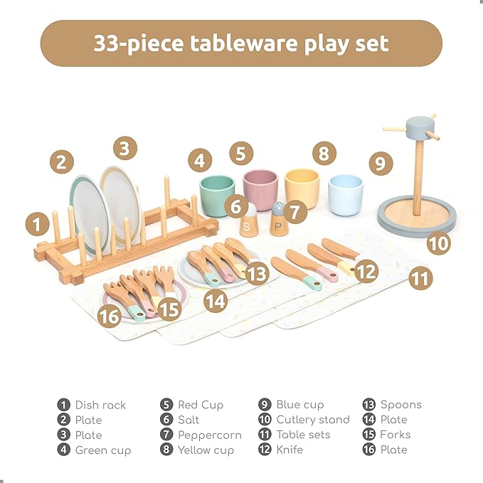 UMU® Large Wooden Dish Set – 28-Piece Tableware for Kids' Play Kitchen with Plates, Cups, Cutlery & Drying Rack – Pretend Play Kitchen Accessories for Children Ages 3 4 5 6