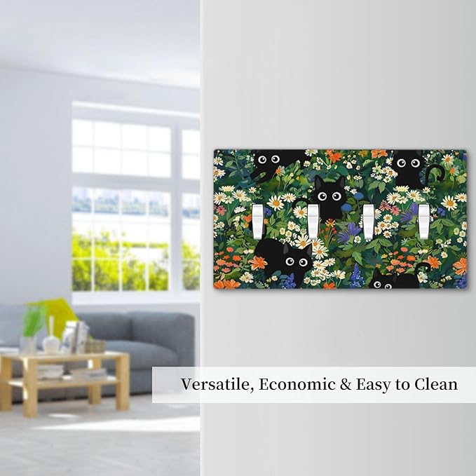 Cute Black/Green Cats Decorative 4-Gang Quad Toggle Light Switch Wall Plate Cover, Nursery Playroom Summer Floral Flower Jungle Quadruple Toggle Device Switches Wall Plate Outlet Covers Standard Size