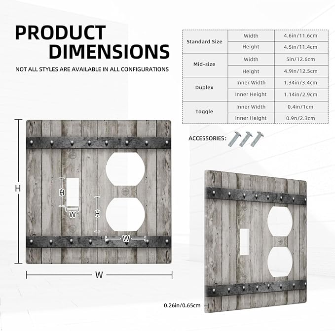 Light Switch Cover Rustic Barn Door Vintage Farmhouse Country 2 Gang Outlet Cover 1 Toggle Duplex Decorative Switchplate Wall Plate Electrical Receptacle Art Faceplate for Bedroom Carbin Decor