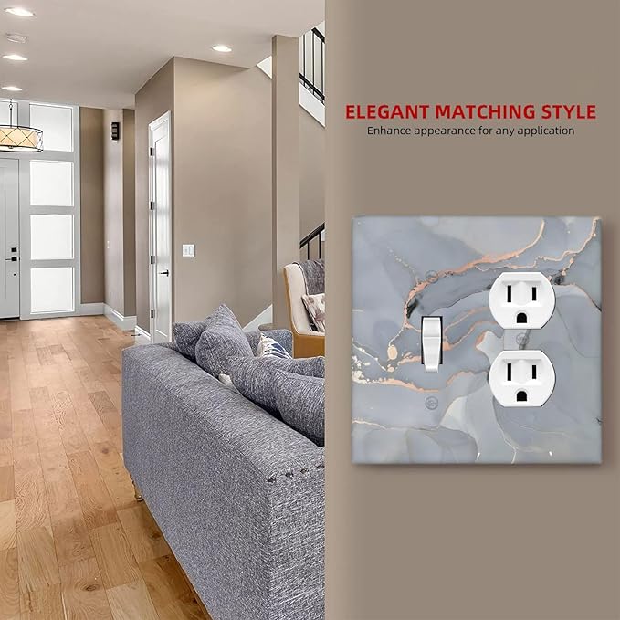 Gray And Gold Marble Abstract Luxury Print Wallplates 1 Toggle 1 Duplex Switch Plate Electrical GFCI Faceplate Decorative Light Switch Covers for Bathroom Kitchen Bedroom Decor