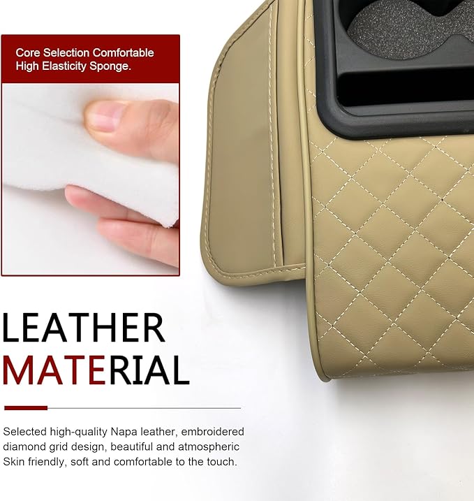 Car Center Console Cover, Upgrade 5-in-1 Genuine Leather Thickened Armrest Box, Armrest Storage Box with Cup, Universal Car Accessories Interior Organizers, for Most Cars (Beige)