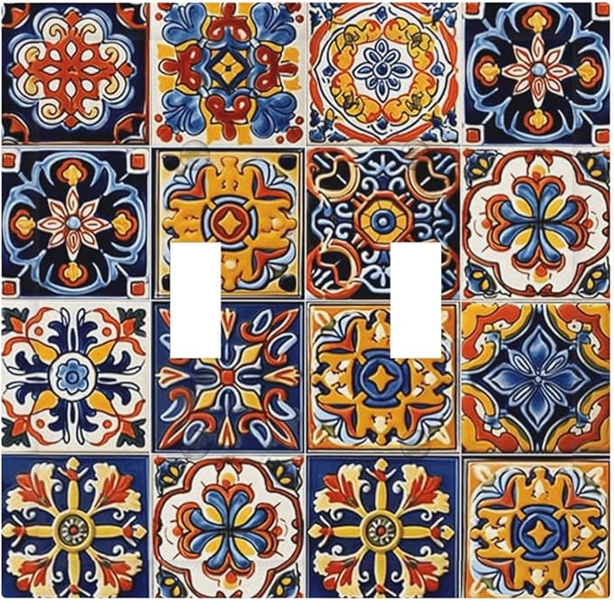 Mexican Talavera Tiles Flower Vintage Decorative Switch Plates 2 Gang Double Toggle Outlet Light Switch Cover Wall Plate Electrical Faceplate for Kitchen Bathroom Decor