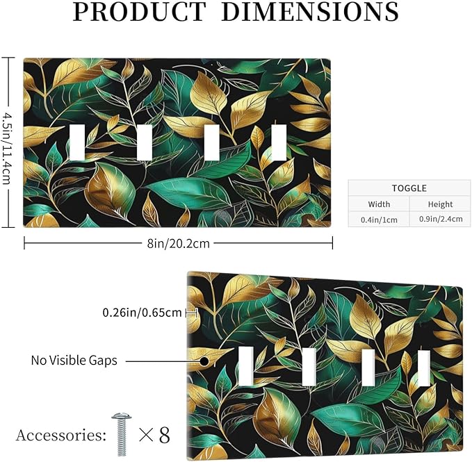 Light Switch Covers Vintage Dark Green Vine Leaf Golden Plants Quad Toggle Electrical Faceplate 4 Gang Wall Plate Decorative Switch Plates for Bed Room Cabin Decor