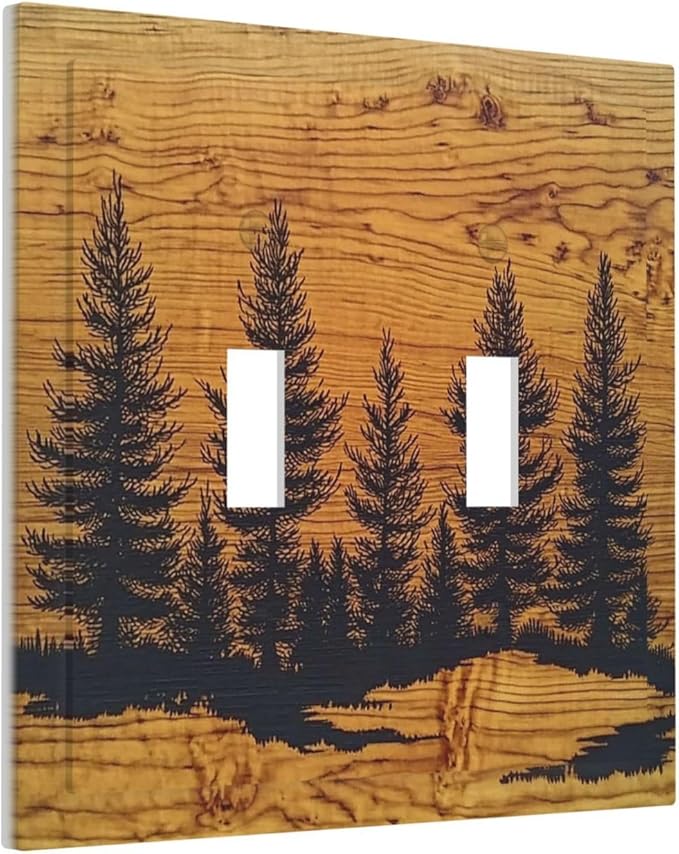 Decorative Switch Plates Forest Pine Silhouette Rustic Wood Grain 2 Gang Double Toggle Outlet Light Switch Cover Wall Plate Electrical Faceplate For Farmhouse Cabin Decor