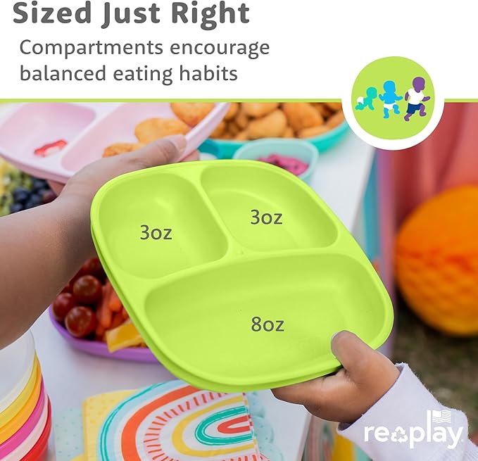 Re-play 3 Divided Toddler Plates, 3 Utensils Set and 3 Wide Base Bowls - Dishwasher and Microwave Safe - Made in USA - Mermaid