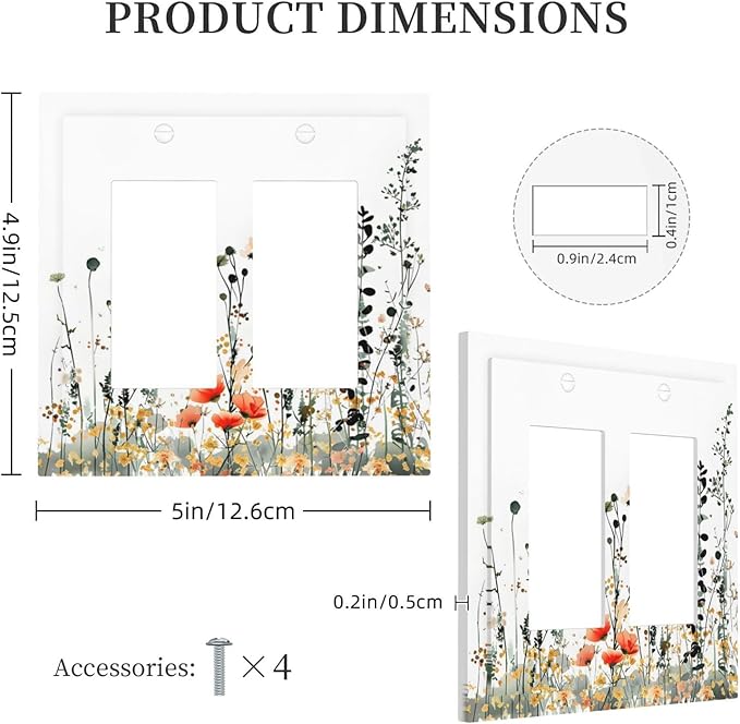 Vintage Country Style Watercolor Leaves Wildflowers Floral Decorative Outlet Covers 2 Gang Double GFCI Rocker Electrical Wall Panels Light Switch Cover Plate for Bedroom Living Room Decor