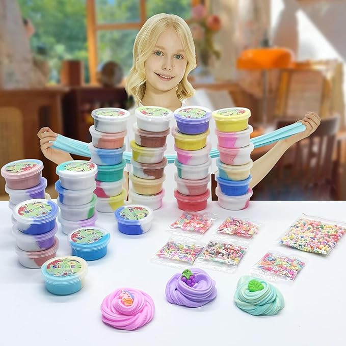 Butter Slime Kit with Multiple Colors, 42 Packed Slimes with 24 Decorative Toppings, Sprinkles, Craft Toy, Party Favors for Kids, Gift for Girl and Boys 6 7 8 9 10 11 12
