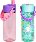 Elemental Leak Proof Water Bottles for Kids - Splash Kids Water Bottle for School with Pop-it Handle - Tritan Plastic Water Bottle with Straw - Mermaid & Rose - 18oz (2 Pack)