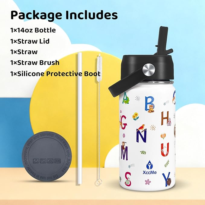 Alphabet Kids Water Bottle With Straw Lid,14 oz Stainless Steel Travel Bottle,Double Wall Leak Proof Kids Cup,Insulated Tumbler for Toddlers,Metal Animal Bottle for School Boys Girls