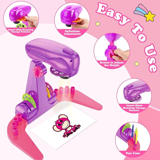 Sumsoltic Drawing Projector for Kids,Art and Craft Kit, Including Colored Pencils, Crayons, Coloring Books, Toys for 3+ Year Old Girls (Pink Drawing Kit v1)