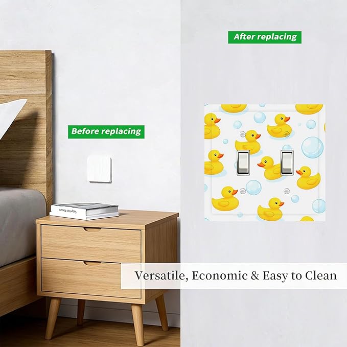 Cheerful Rubber Ducks & Bubbles Bath Time Double Toggle Switch Cover - 2-Gang Standard US Size Bathroom Funny Duck Light Switch Covers for Boys & Girls Bathroom Decor