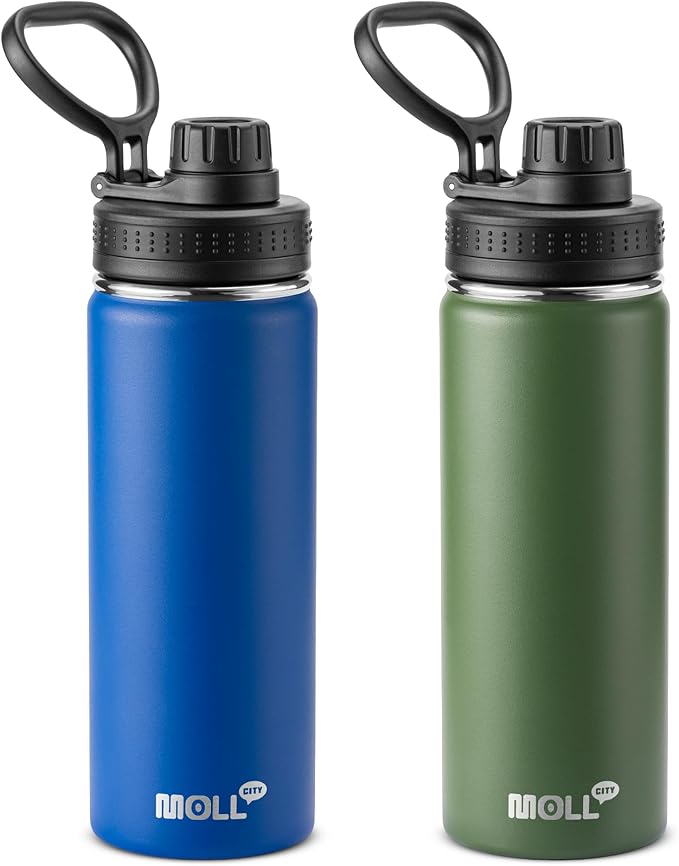 Insulated Water Bottle 2 Pack-18 oz Stainless Steel Vacuum Sports Water Bottle Wide Mouth Flask with Leakproof Spout Lid (Navy-Grass Green)
