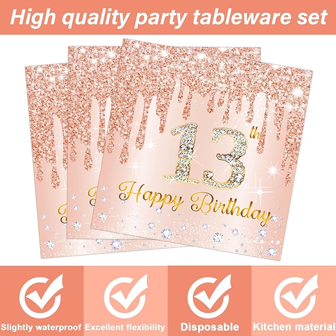 96 Pcs 13th Birthday Decoration for Girls Rose Gold 13th Birthday Plates and Napkins Party Supplies Rose Gold Pink Happy 13 Years Party Disposable Tableware Set for 24 Guests Party Decoration