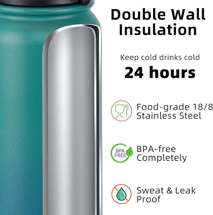 Fanhaw 32 oz Insulated Stainless Steel Water Bottle with Straw Lid, Leakproof Sports Bottle for Men, Women & Teens (Green Blue)