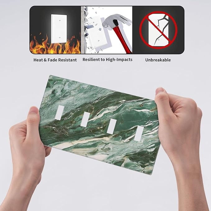 Decorative Switch Plate Cover with Modern Luxury Green Marble Texture Design 4 Gang Artistic Wall Plate Unique Quad Toggle Light Switch Covers for Kitchen Bathroom Decor