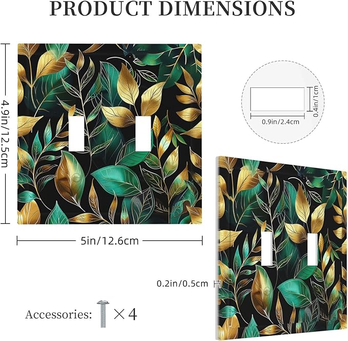 Decorative Switch Plates Vintage Dark Green Vine Leaf Golden Plants 2 Gang Double Toggle Outlet Light Switch Cover Wall Plate Electrical Faceplate for Bed Room Cabin Decor