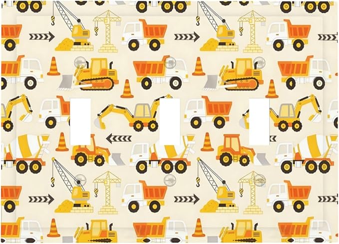 Decorative Light Switch Cover Plate Construction Vehicle Yellow Trucks Diggers 3 Gang Wall Plates for Electrical Triple Toggle Switch Plate Covers Outlet Covers Faceplate for Home Decor