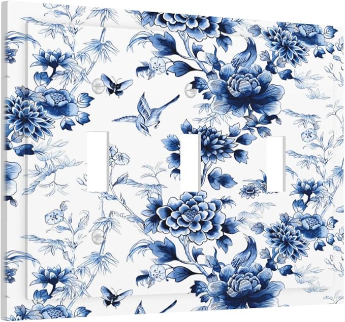 Blue Flower White Floral Plant Bird Butterfly Decorative Switch Plates 3 Gang Wall Plate Triple Toggle Light Switch Cover Faceplate Electrical Wall Panels for Bedroom Living Room Decor