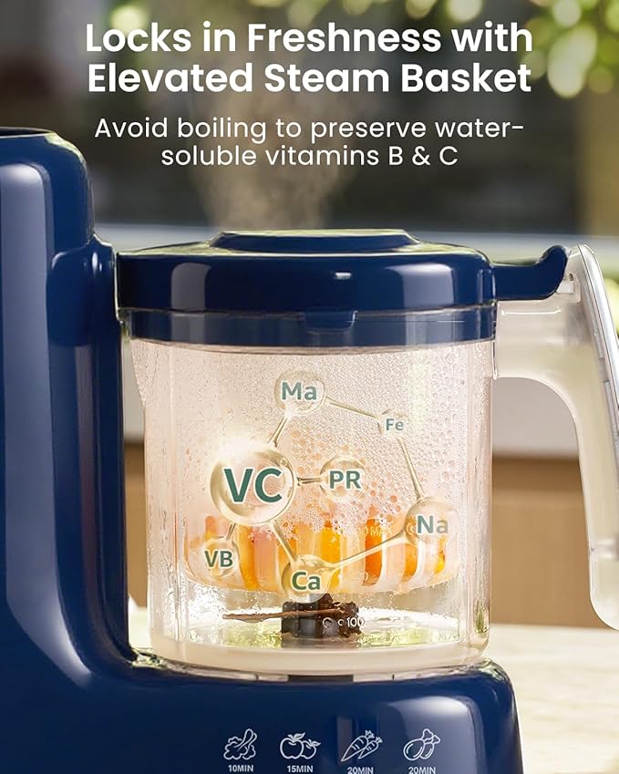 Grownsy Baby Food Maker with Steam Basket, One Step Baby Food Processor Steamer Puree Blender Grinder Mills Machine, Auto Cooking Grinding and Sterili-zing for Healthy Homemade Baby Food, Dark Blue