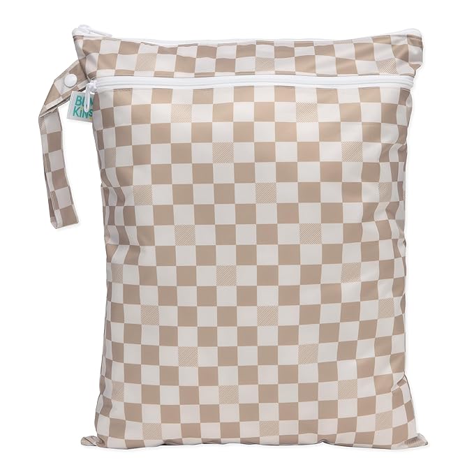 Bumkins Waterproof Wet Dry Bag for Baby, Travel, Swim Suit, Cloth Diapers, Pump Parts, Pool, Beach, Gym Clothes, Toiletry, Hook to Stroller, Daycare, Zipper Reusable Wetdry Packing Pouch, Beige Check