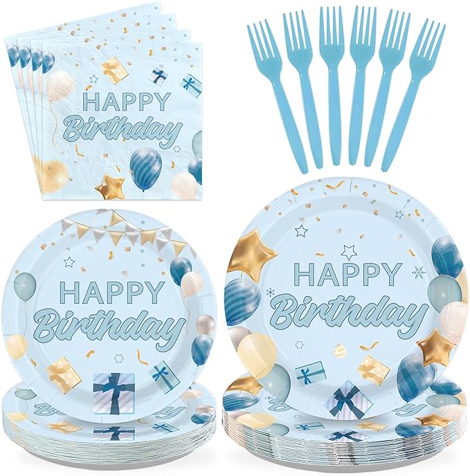 96 Pcs Light Blue Birthday Decorations Happy Birthday Plates and Napkins Disposable Tableware Set Blue Gold Decorations for Baby Boys Girls Women Men Party Supplies Serves 24