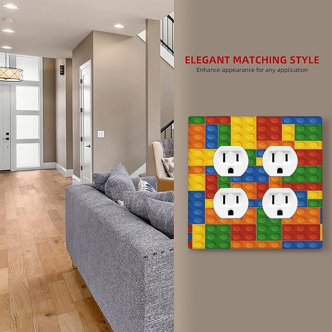 Outlet Covers Colorful Building Block 2 Gang Decorative Light Switch Cover Double Duplex Wall Plates Switch Plates Electrical Socket Covers for Kids Room Home Decor