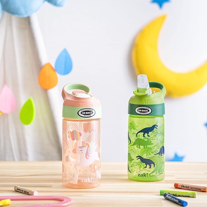 Zak Designs 16oz Riverside Kids Water Bottle with Spout Cover and Built-in Carrying Loop, Made of Durable Plastic, Leak-Proof Water Bottle Design for Travel (Unicorn & Dino Camo, Pack of 2)