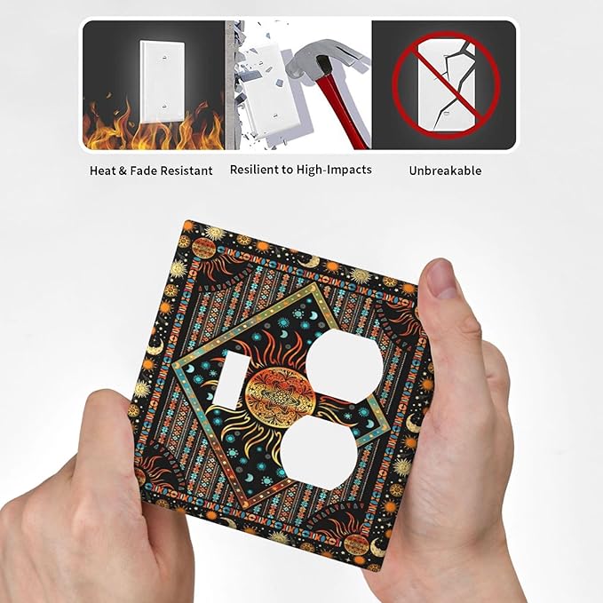 Decorative Outlet Covers Boho Burning Sun Moon Hippie Retro Bohemian Gypsy 2 Gang Wall Plate Double Duplex Light Switch Cover Switch Plate Covers Faceplate for Bedroom Decor
