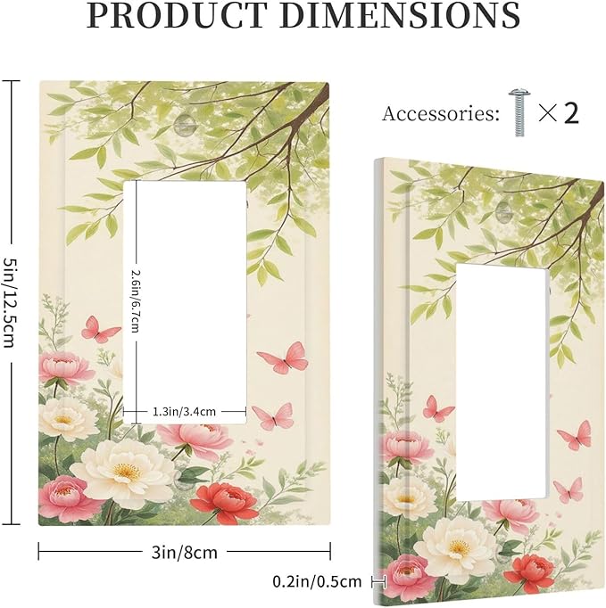 Decorative Outlet Covers Garden Flowers Green Leaves And Butterflies 1 Gang Single Rocker Light Switch Cover Plate Wall Plates GFCI Faceplate for Bedroom Cabin Decor