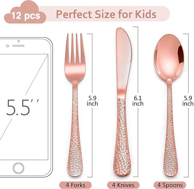 LIANYU 12-Piece Kids Copper Silverware Set, Stainless Steel Toddler Utensils, Hammered Metal Preschooler Flatware Cutlery Set, Children Tableware Includes Knives Forks Spoons, Dishwasher Safe