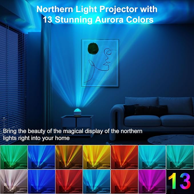 HUMIIEYE Northern Light Projector, Battery Operated Aurora Night Light with Timer Function, 13 Colors Galaxy Lamp Ripple Ceiling Projector Mood Ambient Lighting for Bedroom Adults Kids Room Girl Gift
