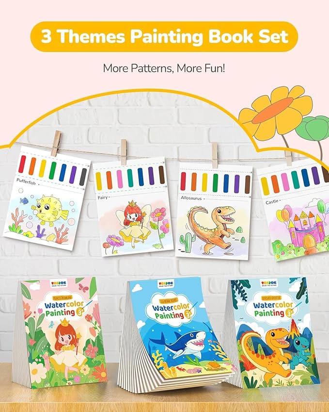 TECJOE 3 Pack Paint with Water Coloring Books for Toddlers, Mess Free Watercolor Painting Set with 6 Brushes, Travel Art Craft Activities Toy Birthday Gifts for Kids Ages 3-8, Princess, Dinosaur & Sea